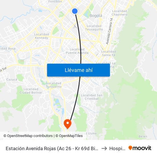 Estación Avenida Rojas (Ac 26 - Kr 69d Bis) (B) to Hospital map