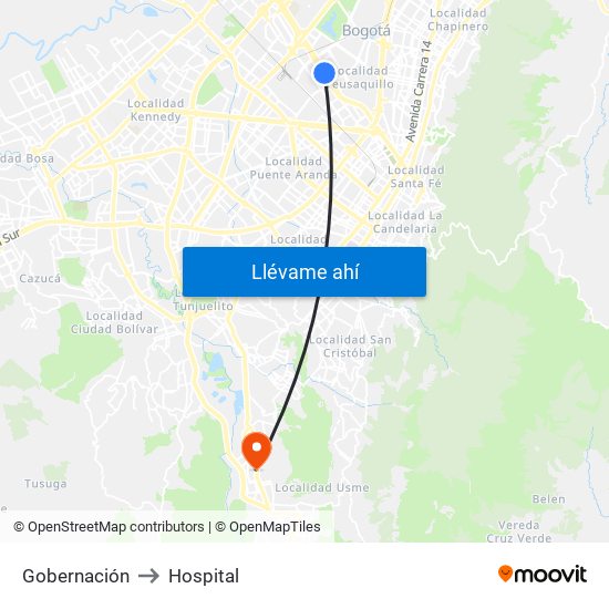 Gobernación to Hospital map