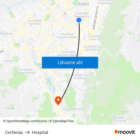 Corferias to Hospital map