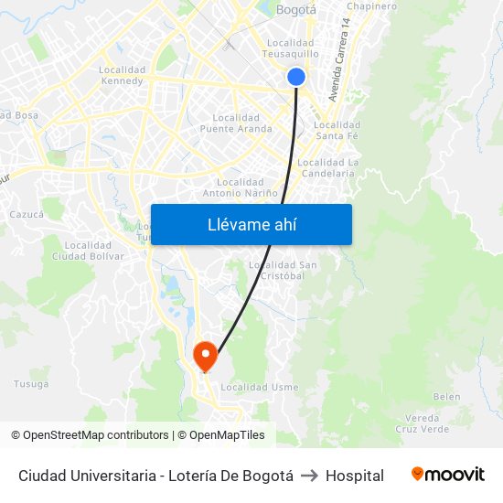 Ciudad Universitaria - Lotería De Bogotá to Hospital map