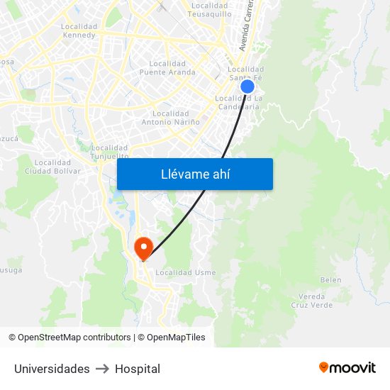 Universidades to Hospital map