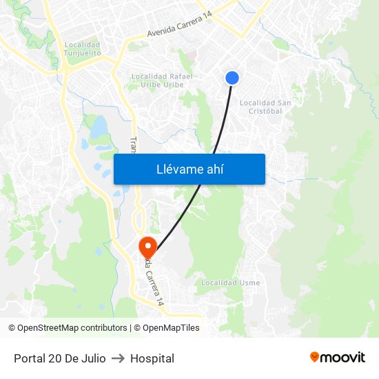 Portal 20 De Julio to Hospital map