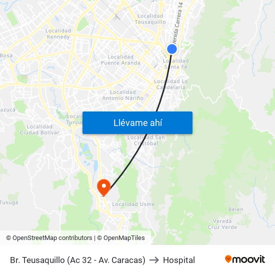 Br. Teusaquillo (Ac 32 - Av. Caracas) to Hospital map