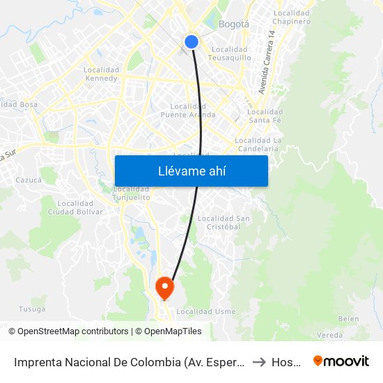 Imprenta Nacional De Colombia (Av. Esperanza - Kr 66) to Hospital map