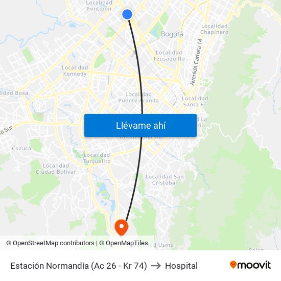 Estación Normandía (Ac 26 - Kr 74) to Hospital map