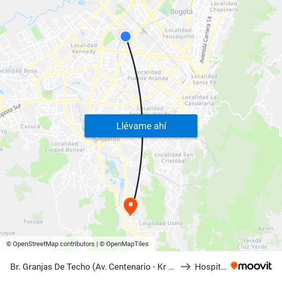 Br. Granjas De Techo (Av. Centenario - Kr 65) to Hospital map