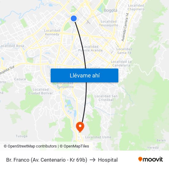 Br. Franco (Av. Centenario - Kr 69b) to Hospital map