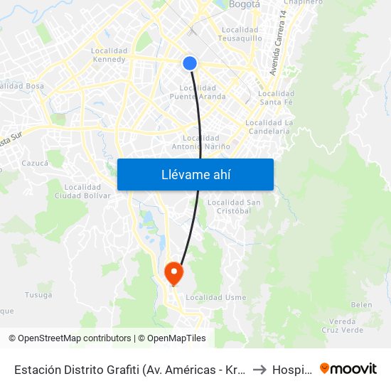 Estación Distrito Grafiti (Av. Américas - Kr 53a) to Hospital map