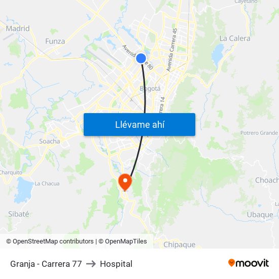 Granja - Carrera 77 to Hospital map