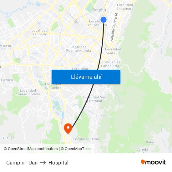 Campín - Uan to Hospital map