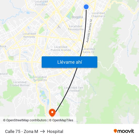 Calle 75 - Zona M to Hospital map