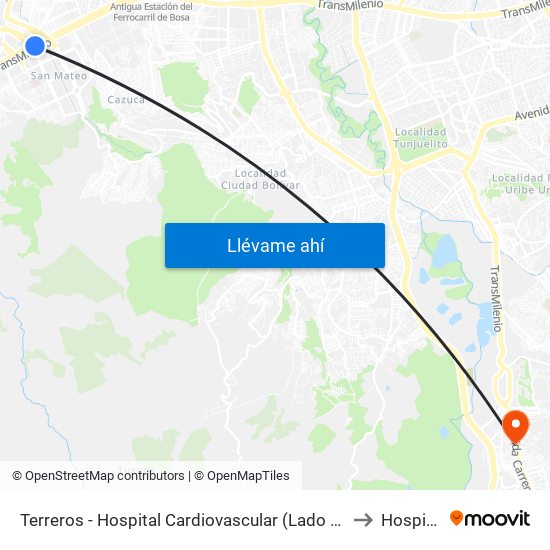 Terreros - Hospital Cardiovascular (Lado Sur) to Hospital map