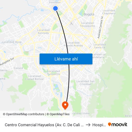 Centro Comercial Hayuelos (Av. C. De Cali - Cl 20) to Hospital map