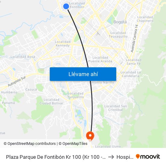 Plaza Parque De Fontibón Kr 100 (Kr 100 - Cl 17a) to Hospital map
