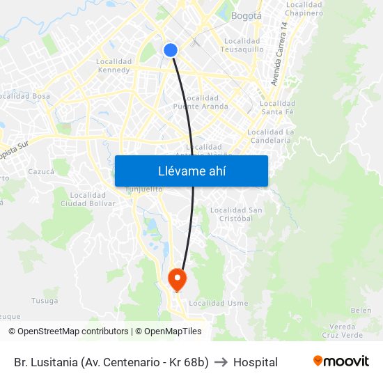 Br. Lusitania (Av. Centenario - Kr 68b) to Hospital map