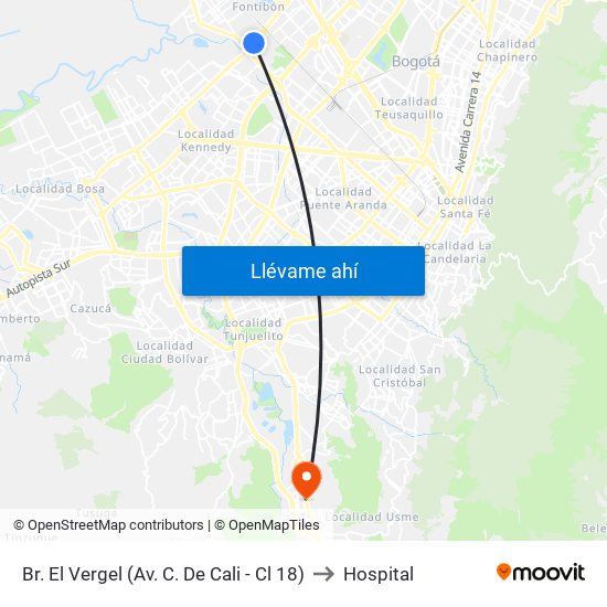Br. El Vergel (Av. C. De Cali - Cl 18) to Hospital map