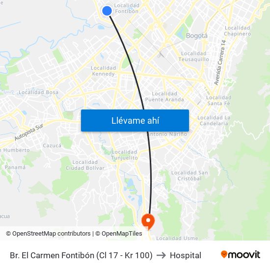 Br. El Carmen Fontibón (Cl 17 - Kr 100) to Hospital map