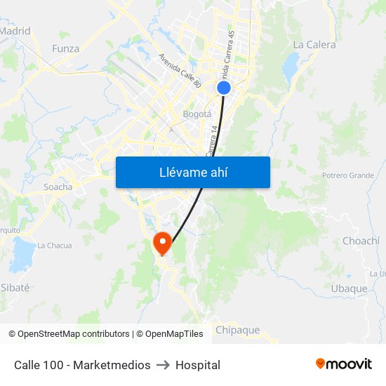 Calle 100 - Marketmedios to Hospital map