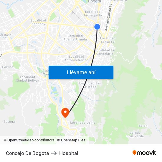 Concejo De Bogotá to Hospital map