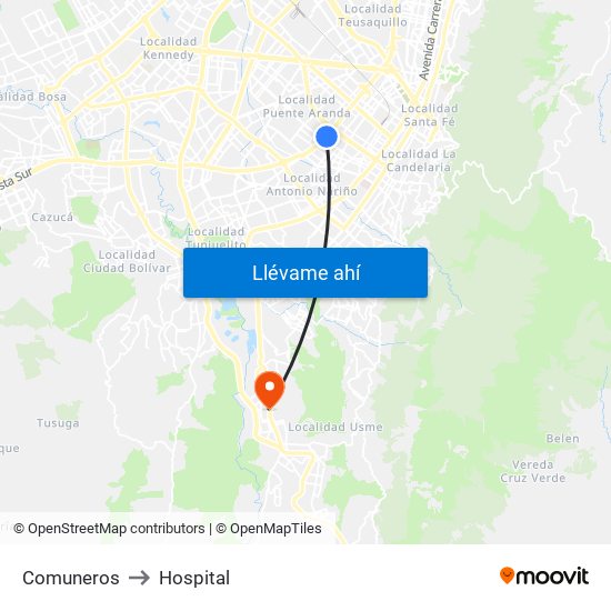 Comuneros to Hospital map