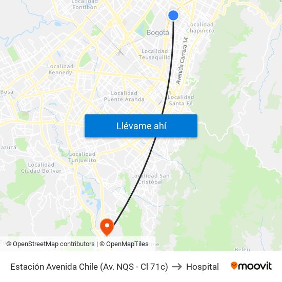 Estación Avenida Chile (Av. NQS - Cl 71c) to Hospital map