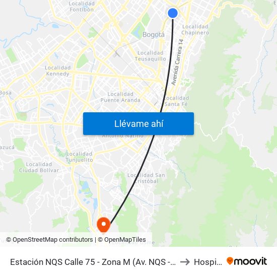 Estación NQS Calle 75 - Zona M (Av. NQS - Cl 75) to Hospital map