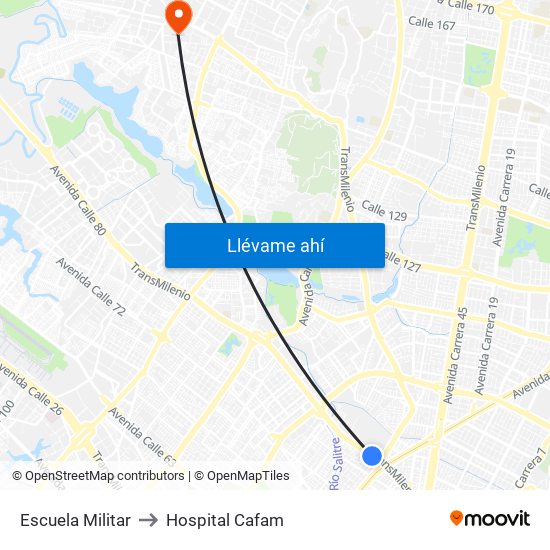 Escuela Militar to Hospital Cafam map