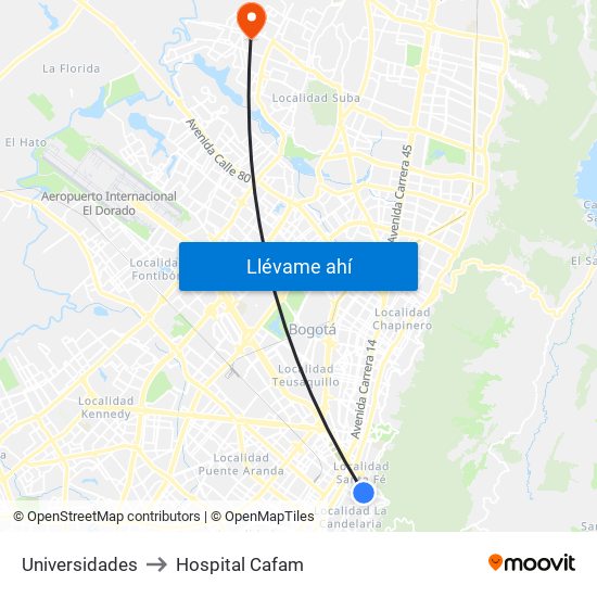 Universidades to Hospital Cafam map