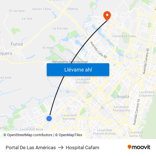 Portal De Las Américas to Hospital Cafam map