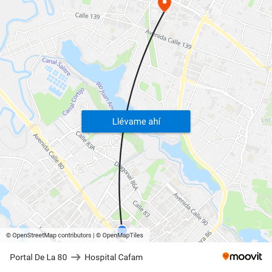 Portal De La 80 to Hospital Cafam map