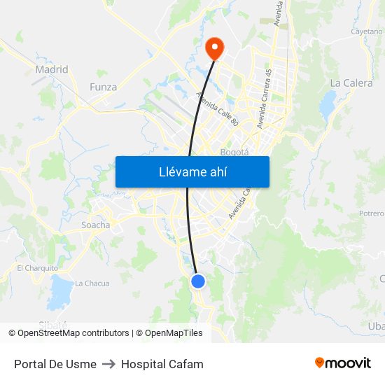 Portal De Usme to Hospital Cafam map