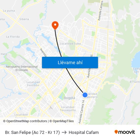 Br. San Felipe (Ac 72 - Kr 17) to Hospital Cafam map