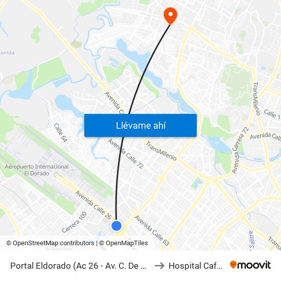 Portal Eldorado (Ac 26 - Av. C. De Cali) to Hospital Cafam map