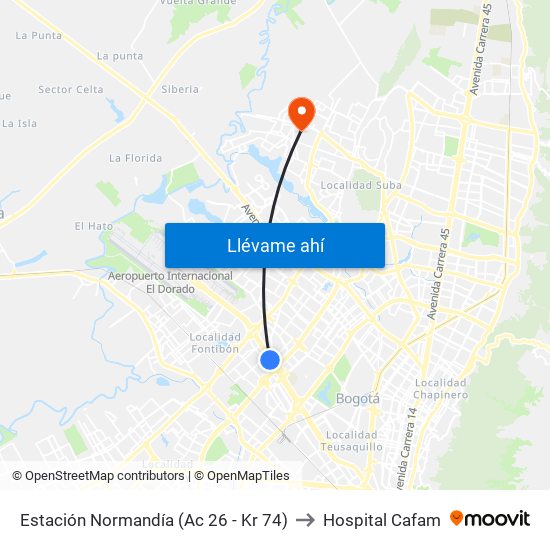 Estación Normandía (Ac 26 - Kr 74) to Hospital Cafam map