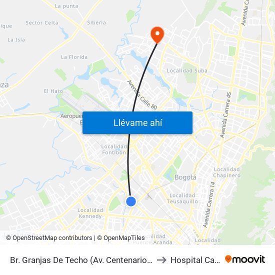 Br. Granjas De Techo (Av. Centenario - Kr 65) to Hospital Cafam map