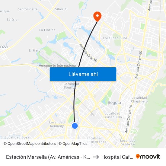 Estación Marsella (Av. Américas - Kr 69b) to Hospital Cafam map