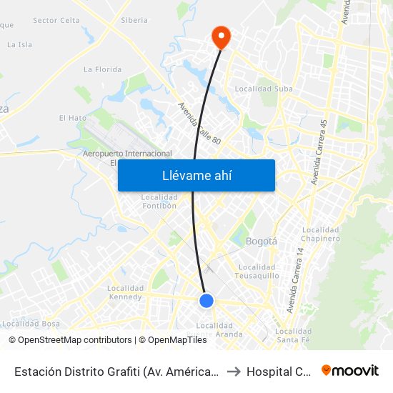 Estación Distrito Grafiti (Av. Américas - Kr 53a) to Hospital Cafam map