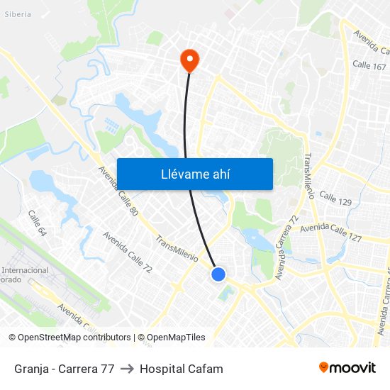 Granja - Carrera 77 to Hospital Cafam map