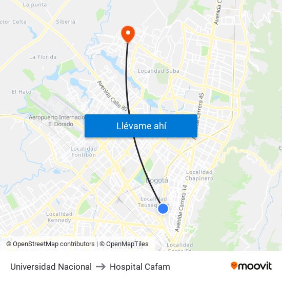 Universidad Nacional to Hospital Cafam map