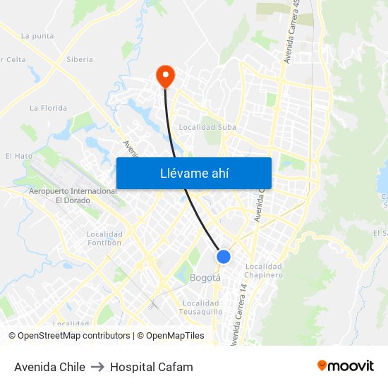 Avenida Chile to Hospital Cafam map