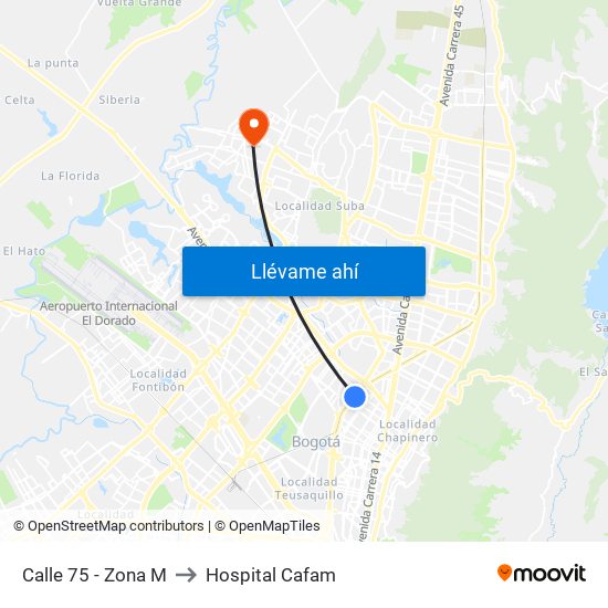 Calle 75 - Zona M to Hospital Cafam map