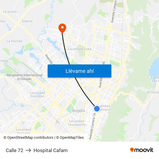 Calle 72 to Hospital Cafam map