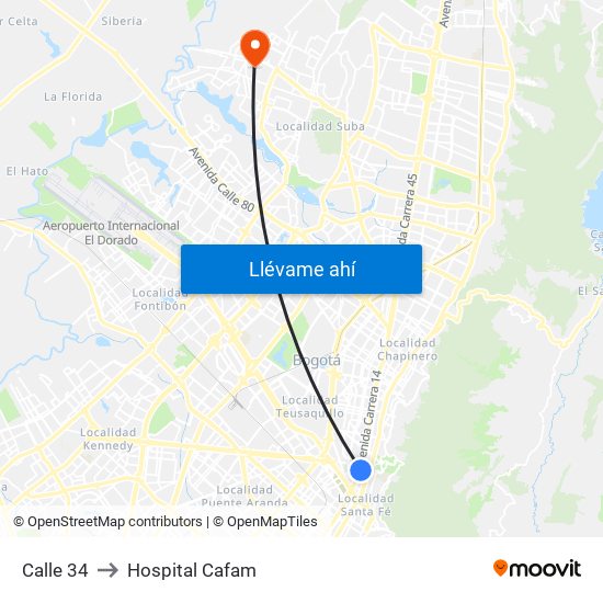 Calle 34 to Hospital Cafam map