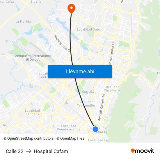 Calle 22 to Hospital Cafam map