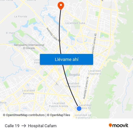 Calle 19 to Hospital Cafam map