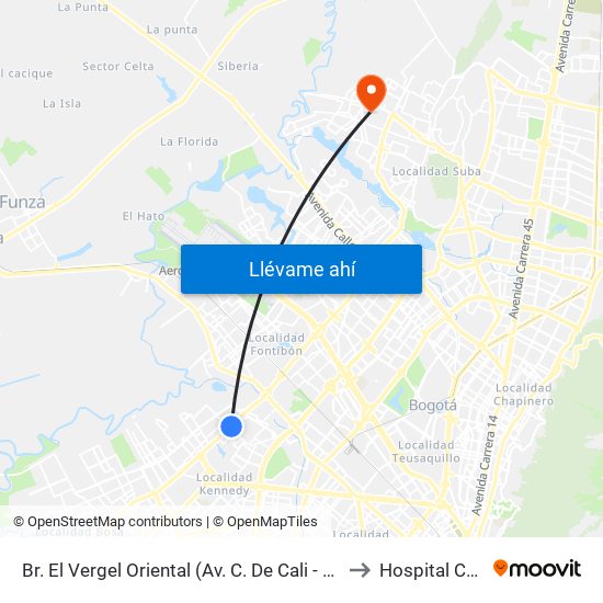 Br. El Vergel Oriental (Av. C. De Cali - Cl 10b) (A) to Hospital Cafam map