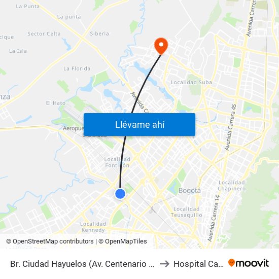 Br. Ciudad Hayuelos (Av. Centenario - Kr 78g) to Hospital Cafam map