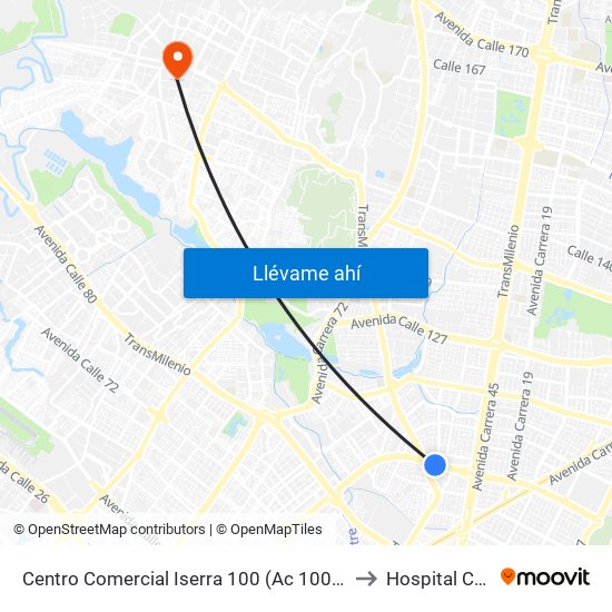 Centro Comercial Iserra 100 (Ac 100 - Kr 54) (B) to Hospital Cafam map