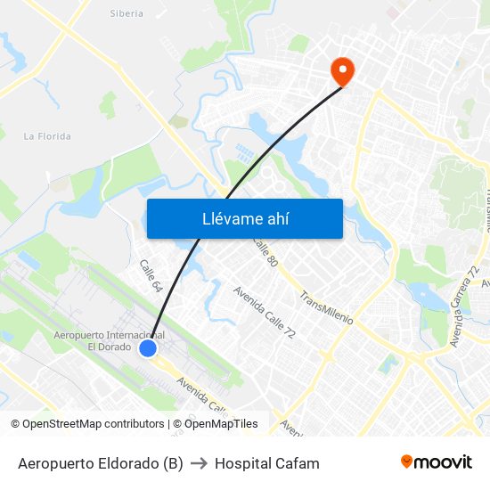 Aeropuerto Eldorado (B) to Hospital Cafam map
