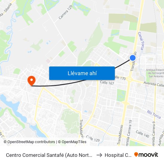 Centro Comercial Santafé (Auto Norte - Cl 187) (B) to Hospital Cafam map